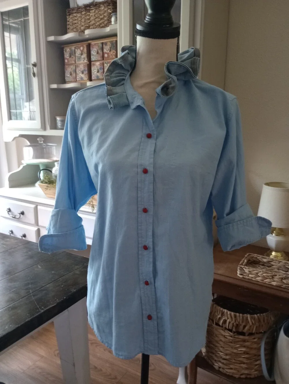 Light Blue Ruffle Collar Button-Up Shirt - Picture 9 of 10
